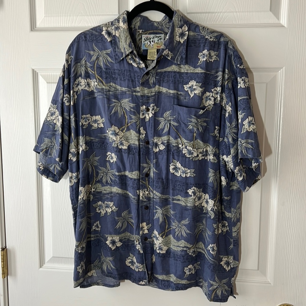 Vintage Big Dogs Hawaiian Shirt Blue Floral Palms‎ Dogs, Size Large
